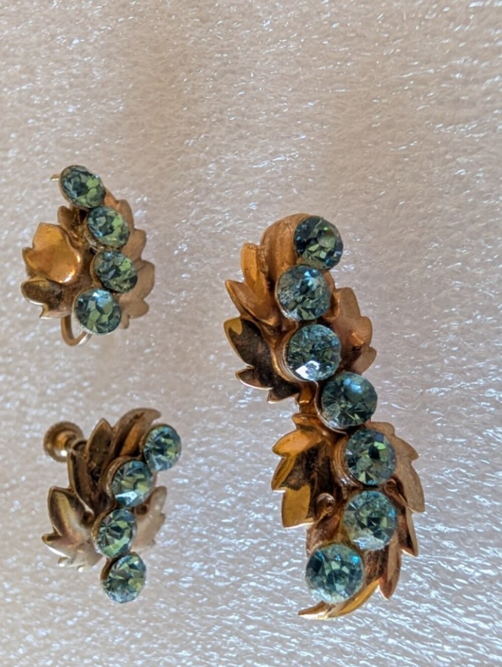 Gold Leaf Cluster Earrings Brooch with Aqua Crystals - Women Jewelry Vintage